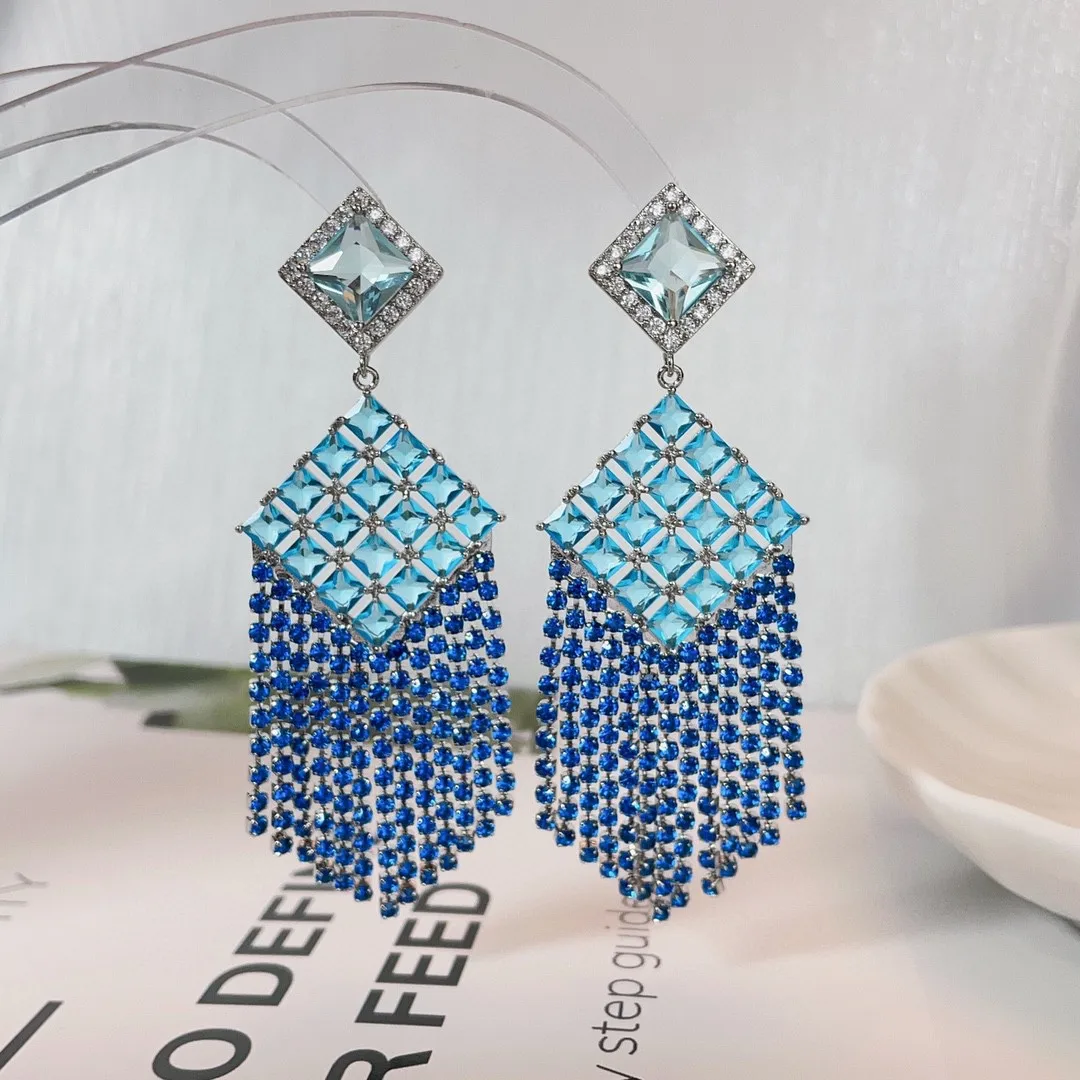 

Bilincolor Fashion Hollow Out Geometric Square Micro Inlaid Zircon Long Tassel Dangle Earrings Earrings for Women