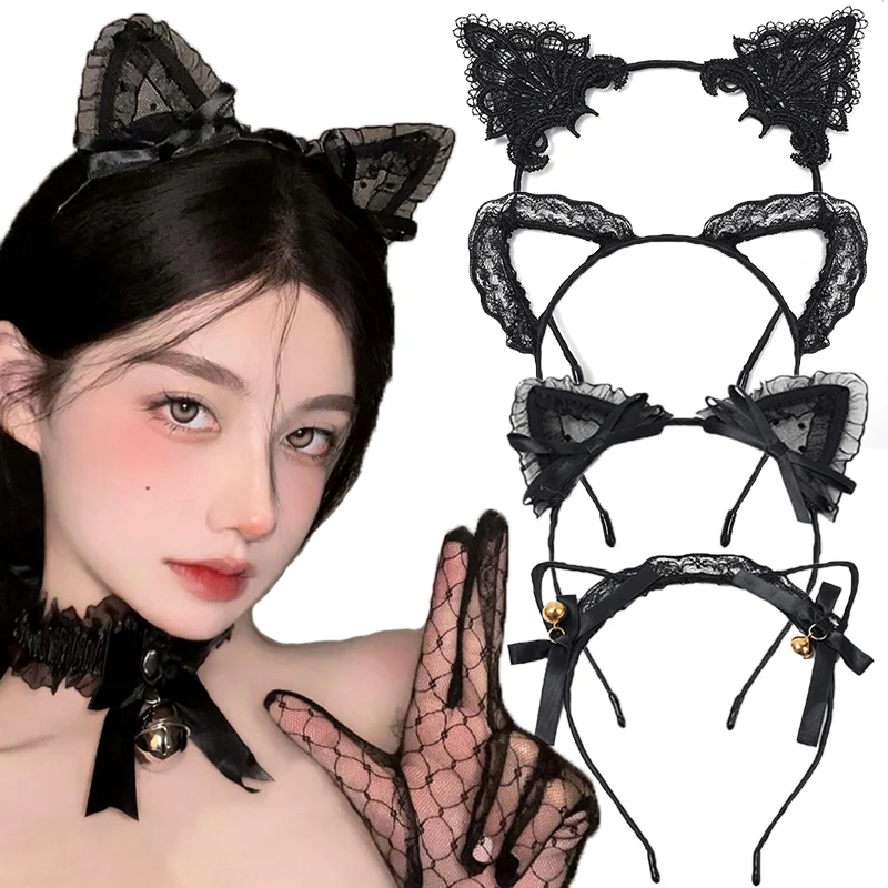 

Black Lace Cat Ear Headband for Women Girls Bear Ears Bell Dance Party Hairbands Head Hoop Lady Fashion Hair Accessories