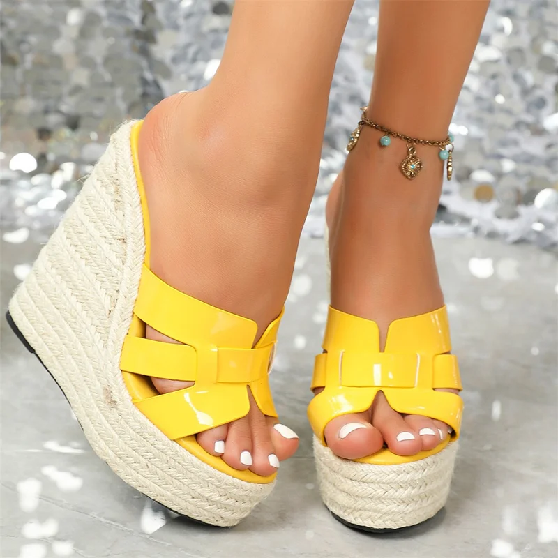 

2024 Lady Summer 14cm High Heels 5cm Platform Slides Open Toe Weave Rope Slippers Extreme Wedges Heels Red Yellow Wedding Shoes