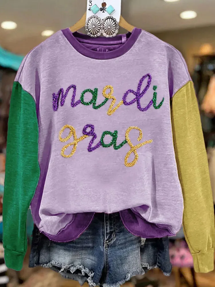 

Casual Contrast Color Mardi Gras Rope Embroidered Sweatshirt Mardi Gras Glitter Long Sleeve Pullover Sweatshirt For Spring