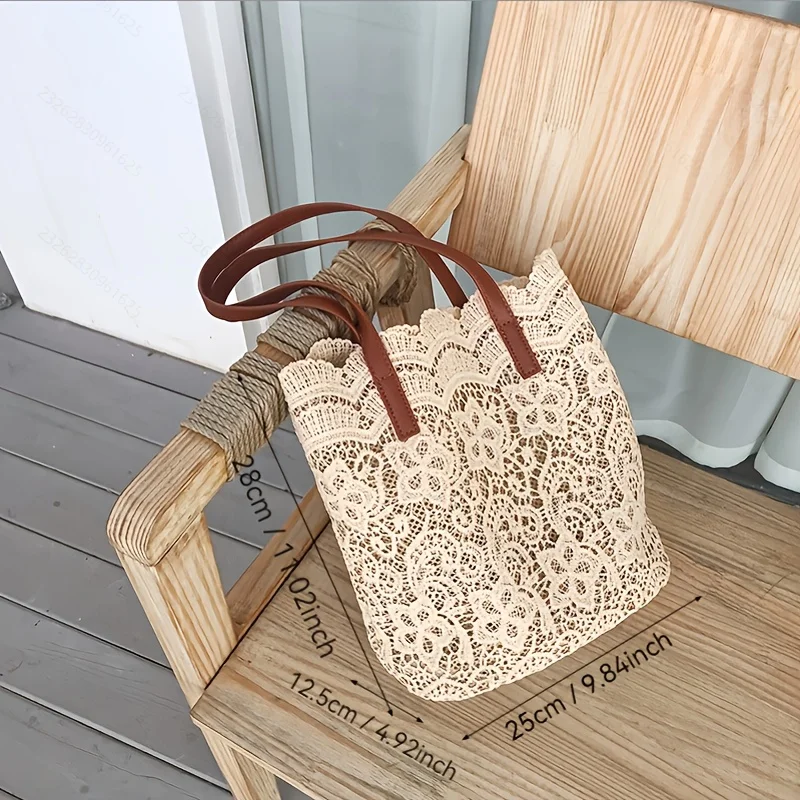 Elegant Floral Lace Tote Bag for Women Chic Shoulder & Wrist Handbag with Magnetic Closure, Perfect for Beach Everyday Elegance