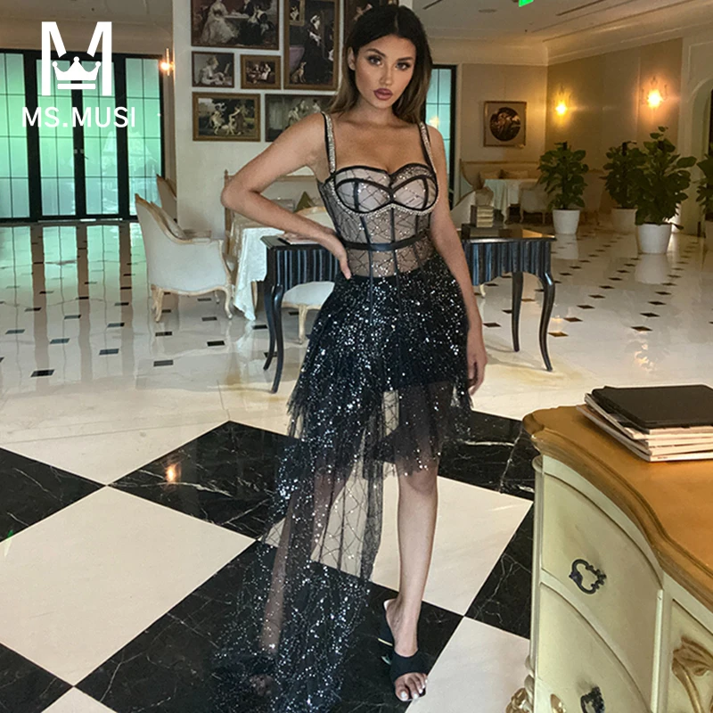 

Новинка 2023, Модный женский сексуальный кружевной сетчатый костюм MSMUSI с блестками без рукавов, облегающий костюм из двух предметов для клуба, мини-юбки