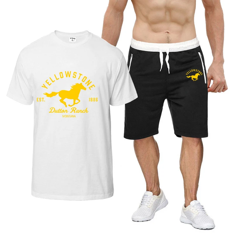 Film Huangshi Dutton Ranch Printed Polo Shirt Men's Comfortable Eight-color Short-sleeved Shorts Suit Cotton Harajuku Shirt Spor