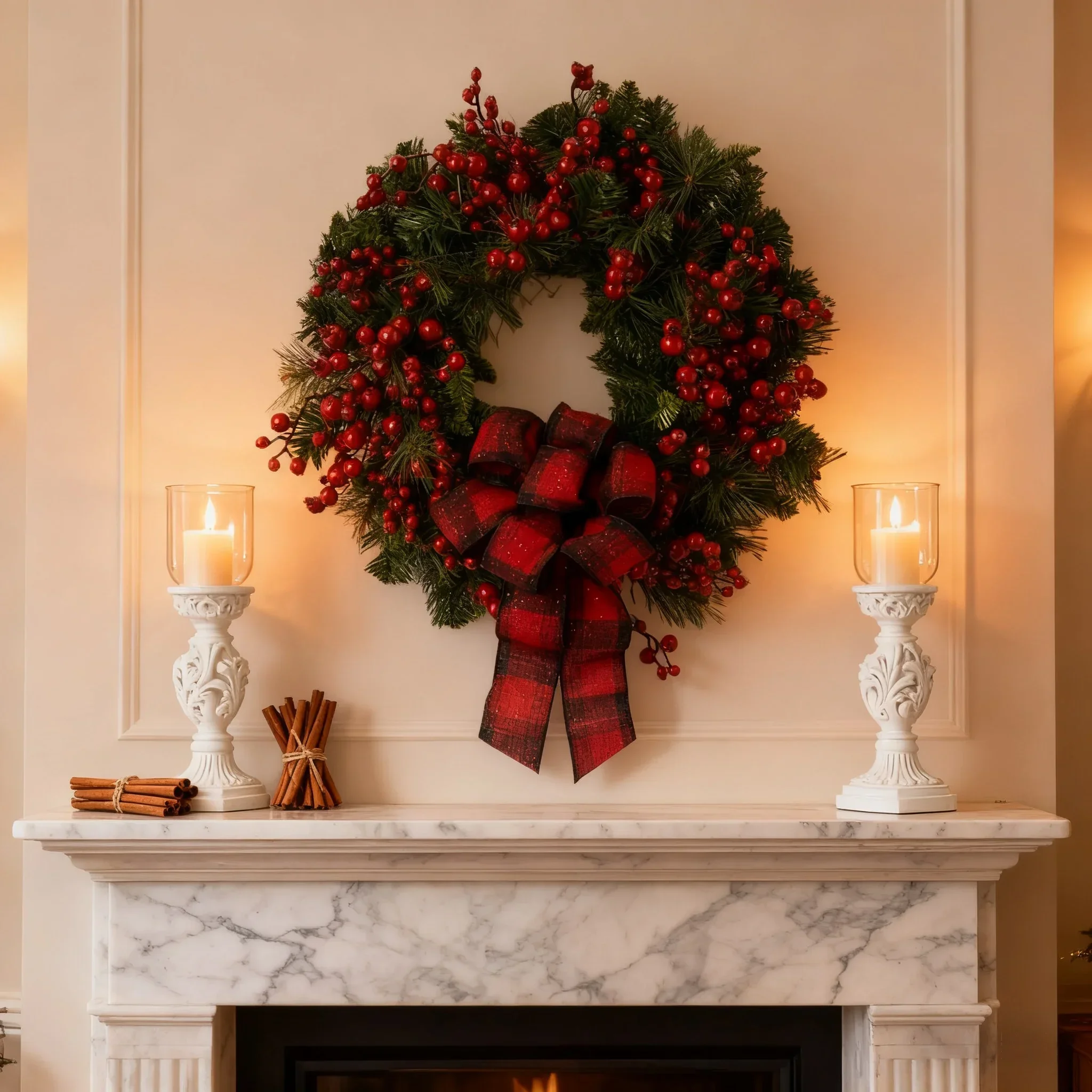 1 Stück 15,75 Zoll Weihnachtskranz mit roten Früchten, geeignet als Türdekoration, Heimdekoration, Simulationsblumenkranz_voghion.com