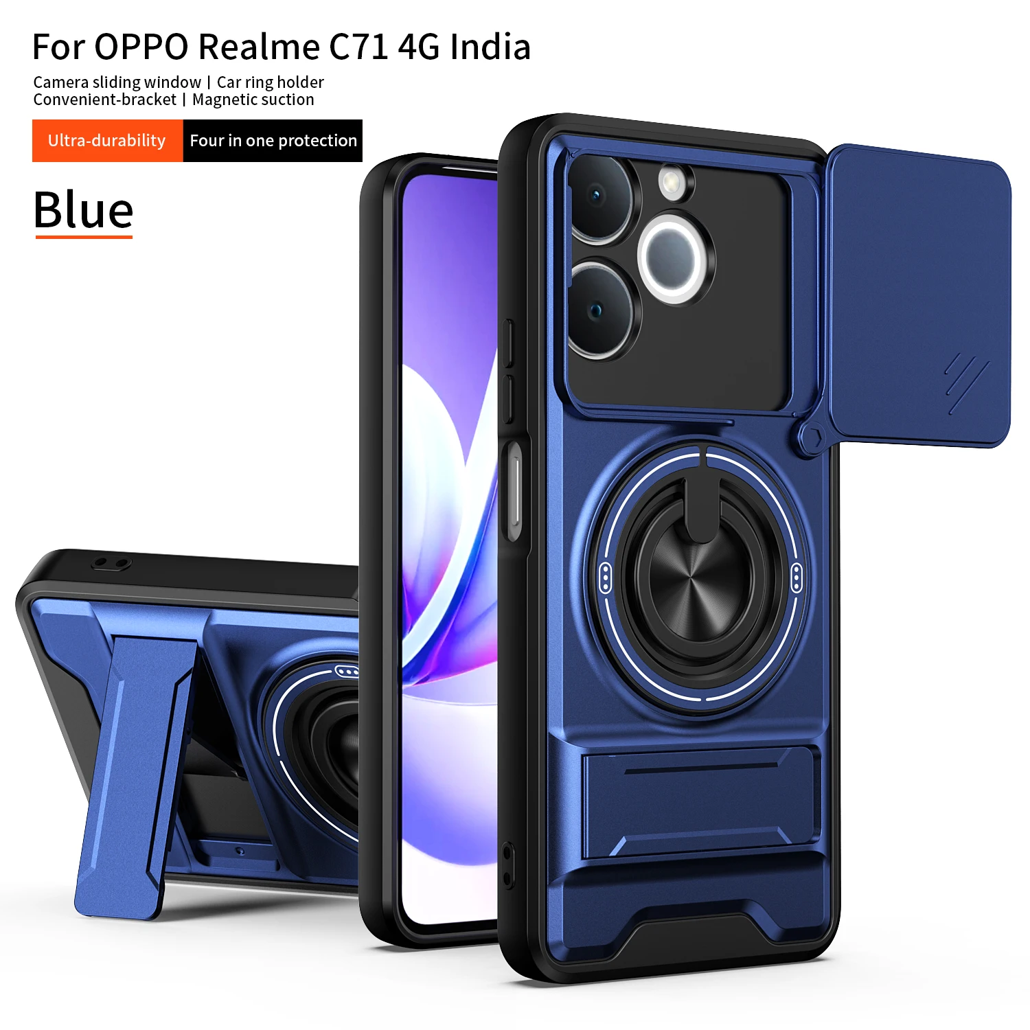 Armor Shockproof Phone Case with Sliding Camera Cap and Built-in Magnet Ring Kickstand