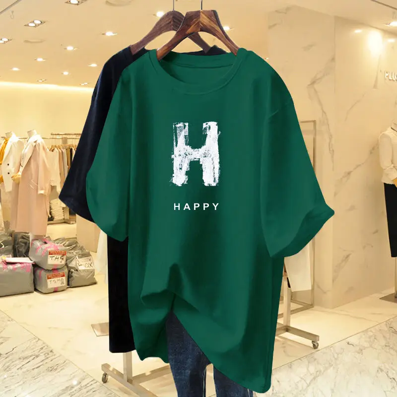 Women Clothing Chic Letter Printed T-shirt  Short Sleeve Pure Cotton Tee Shirt Summer Casual O-neck Top Basic Pullovers