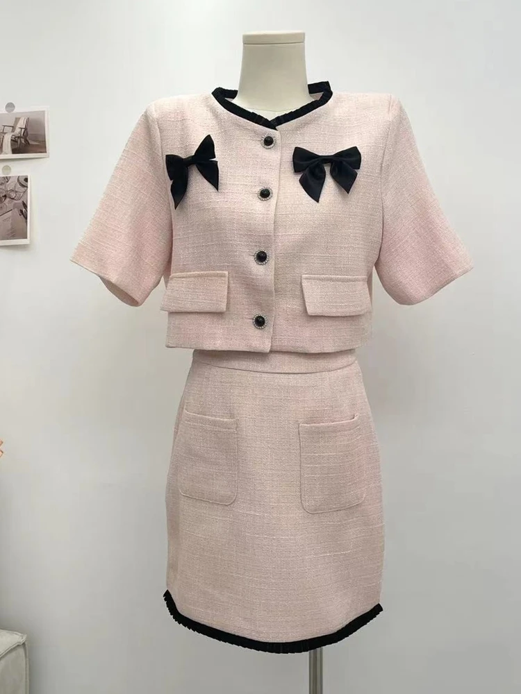 

Korean Fashion Two Piece Set Womens Outfits 2023 Summer Short Sleeve Bow Knot Crop Tops + High Waist Mini Skirt Suits