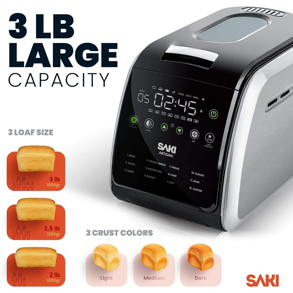 Bread Maker Machine, 3 LB XL 12-in-1 Programmable, BPA-Free & Nonstick Ceramic Pan, Digital Touch Panel, 3 Loaf Sizes, 2