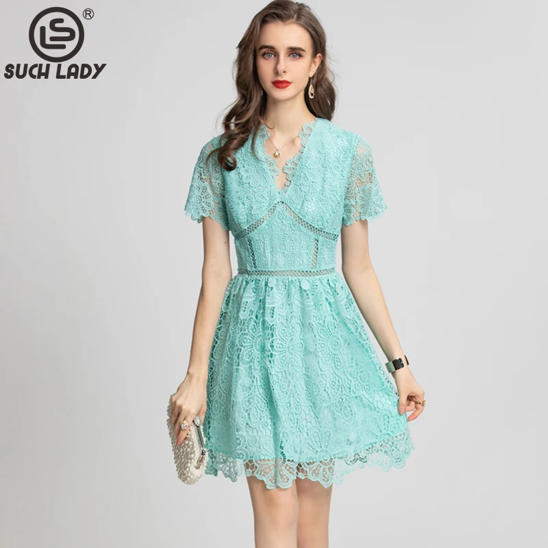 

Women's Runway Dress V Neck Short Sleeves Embroidery Lace Elegant Fashion Mini Dresses Vestidos
