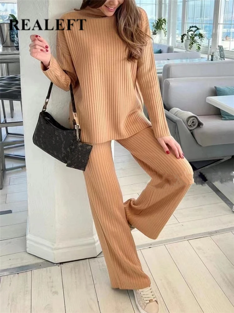 

REALEFT Autumn Winter 2 Pieces Women's Outfit Sets Knitted Tracksuit Half Turtleneck Sweater and Wide Leg Jogging Pants Suits