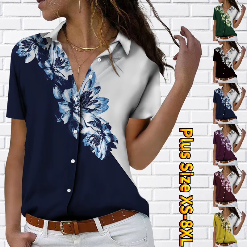 

2023 New Street New Design Printing Button Shirt Women Everyday Trend Sexy V-neck Loose Size Blouse Summer Retro Short Sleeve