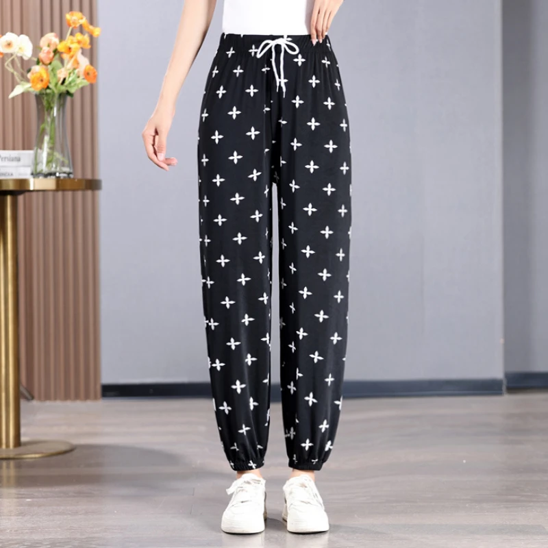 Summer Fashion Thin Ice Silk Loose Lantern Pants Women's Elastic High Waist Printed Patchwork Drawstring Trendy Harlan Trousers
