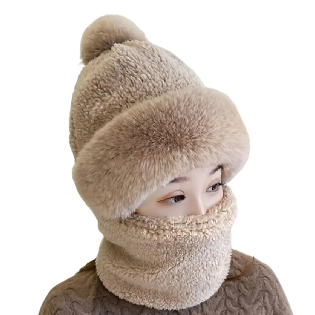 

Thickened Plush Headgear Women's Plush Ball Decor Scarf Hat Thickened Neck Warm Windproof Beanie Winter Headgear for Outdoor