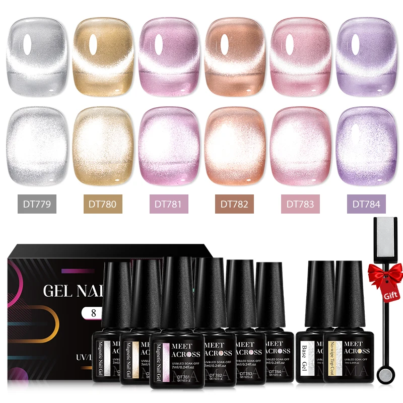 MEET ACROSS 8Pcs/Set Magic Cat Magnetic Gel Polish With Magnetic Stick Sea Blue Nail Art Gel Varnish Manicure Set For Nails 4