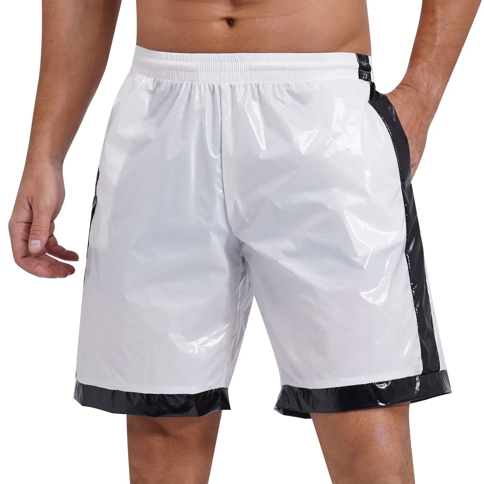Swimear Mens Wet Look Boxer Shorts Drawstring Elastic Waist Pockets Contrast Stripes Beach Shorts Swim Trunks Loungewear