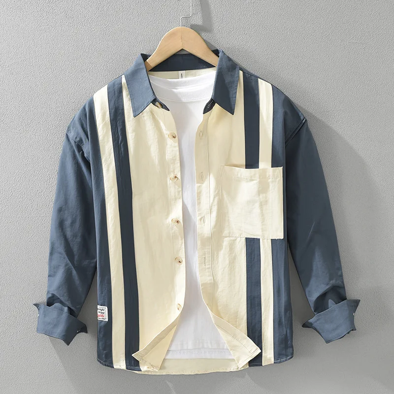 Vertical Striped Workwear Shirt Men Cotton Long Sleeve Bowling Spliced Shirt with Chest Pocket Casual Loose Fitting Cargo