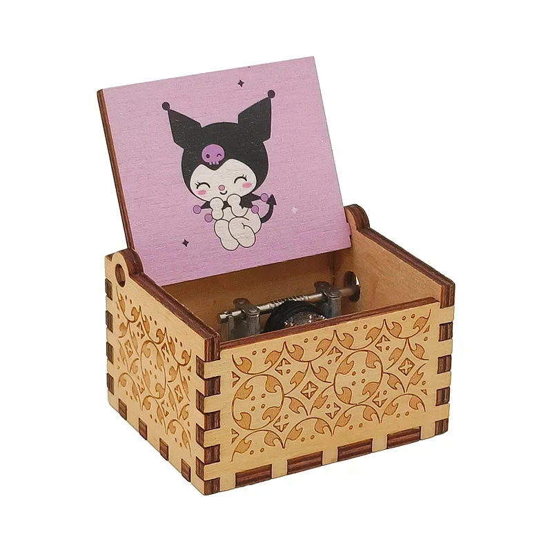 Kawaii My Melody Kuromi Wooden Music Box Hand Crank Antique Engraved Musical Box Case Christmas Gifts 3