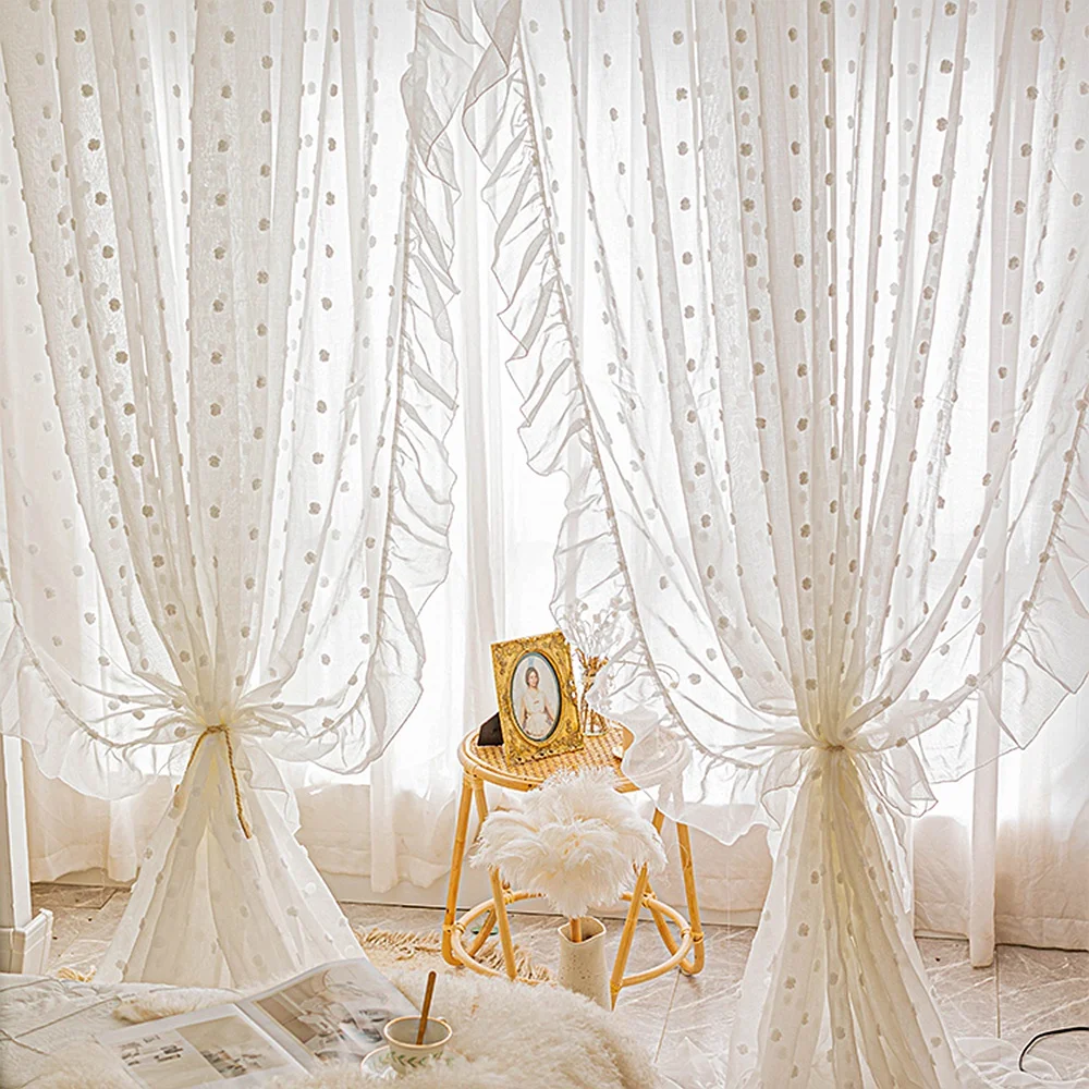 Bělouš bambulí úplný záclony dívčí pokoj romantické elegantní vintage krajky tyl lehký filtering okno drapes záclony pro ložnice