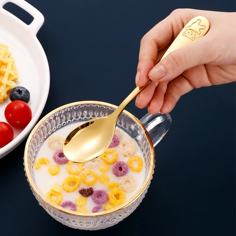Golden Cartoon Bear Cutlery Set for Children Western Cute Stainless Steel Spoon Knife Fork Teaspoon Dinnerware Set Tableware