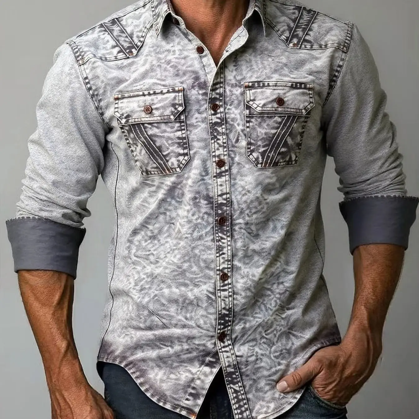 Chemise en jean à manches longues, nouvelle tendance, chemise décontractée pour hommes, polyvalente et haut de gamme, haut à double poche, tapis de couleur