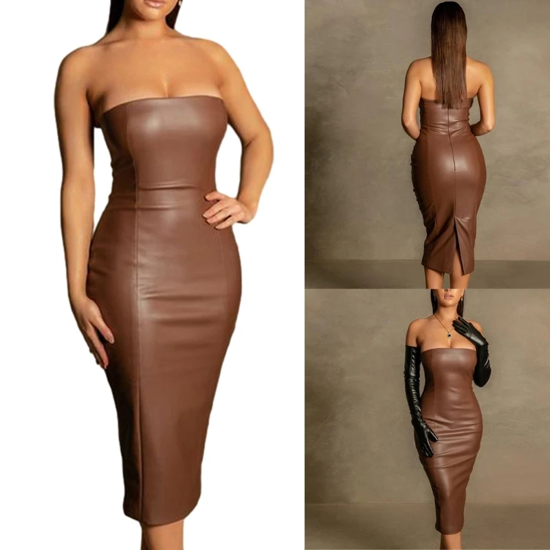 

Stylish Fit PU Dress Sexy Tube Top with Back Slit for a Sexy and Sophistic
