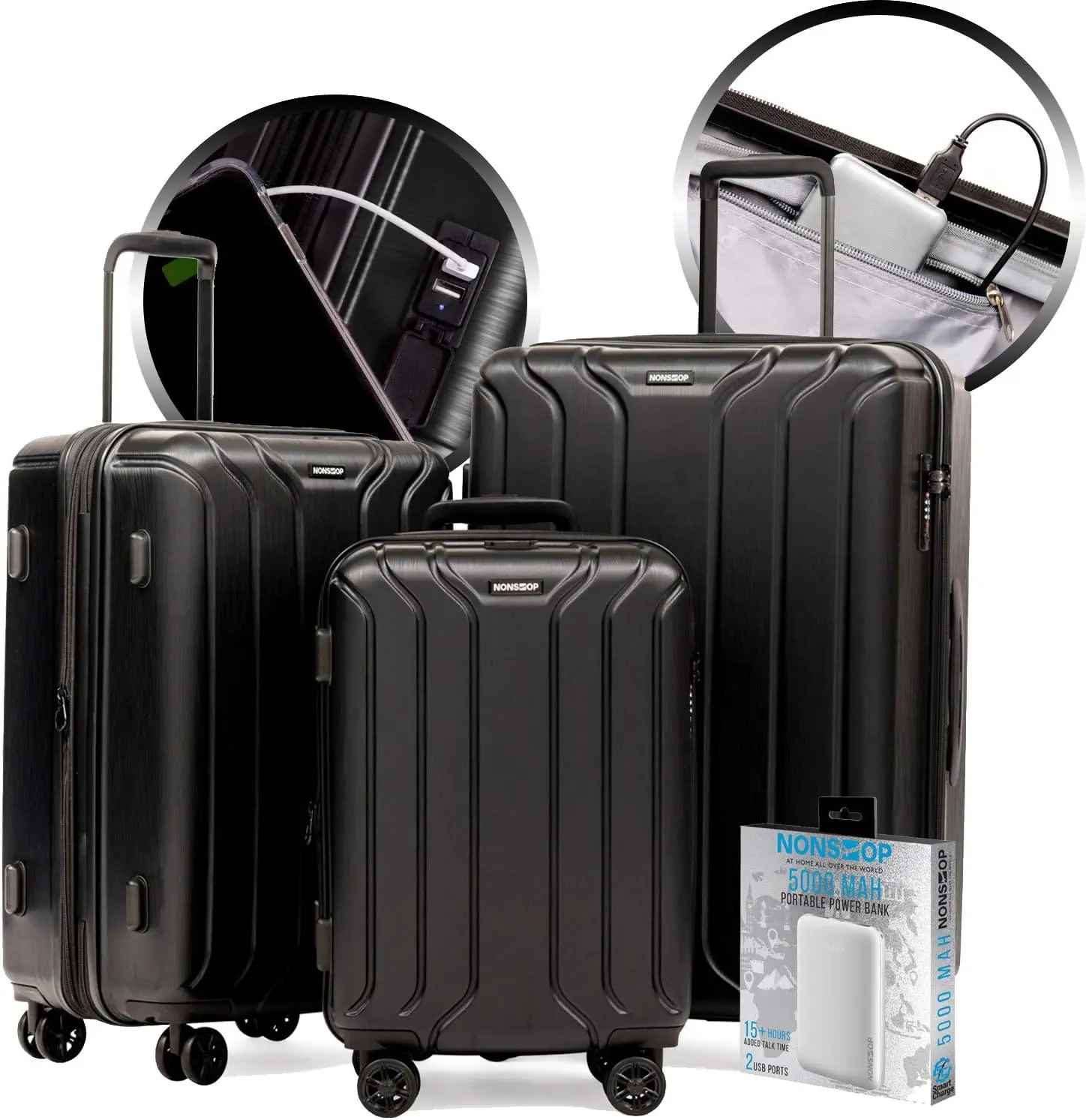 

NONSTOP NEW YORK Luggage Expandable Spinner Wheels hard side shell Travel Suitcase Set 3 Piece (Black, 3-Piece Set (20/24/28) W/