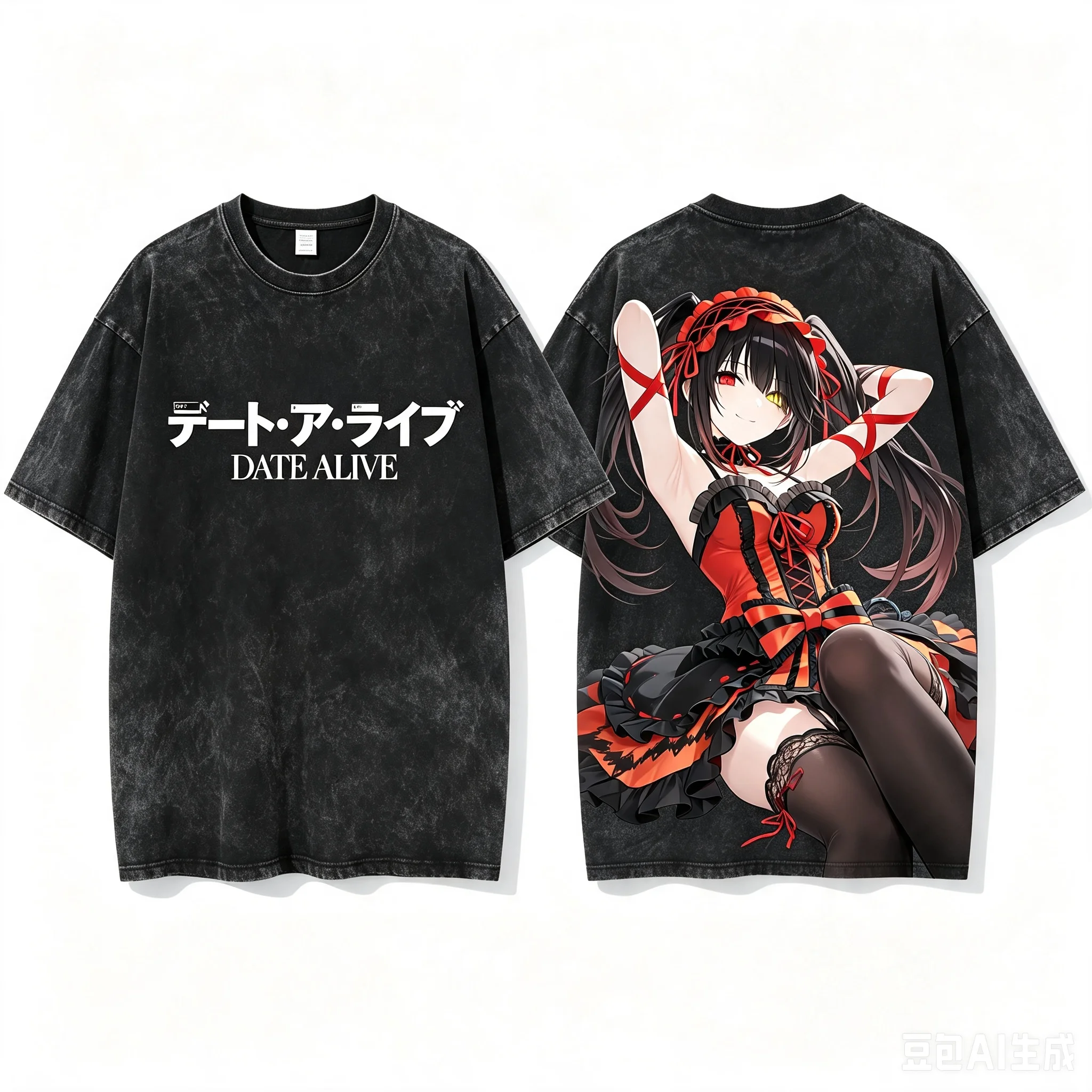Kurumi Tokisaki Date A Live Gothic Outfit T-Shirt mit Rückendruck, gewaschenem Rundhalsausschnitt und kurzen Ärmeln für Damen und Herren, bequemes T-Shirt