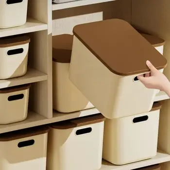 Scatola portaoggetti impilabile con coperchio maniglia giocattoli per il trucco cestino portaoggetti vari armadio Home Office Desktop Organization Container