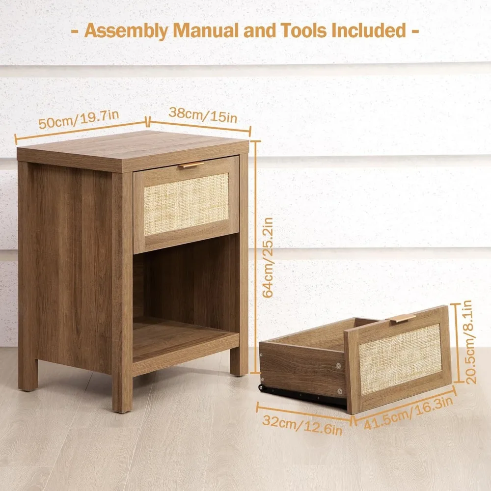 Rattan Nightstands Set of 2 - Farmhouse Night Stand with Drawer and Storage Shelf - Boho Bedside Table End Side Table fo Bedroom 3