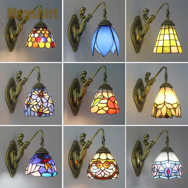 

Tiffany Wall Lamp Vintage Mediterranean Baroque Stained Glass Led Wall Sconce Bedside Home Decor Bedroom Bathroom Mirror Lights