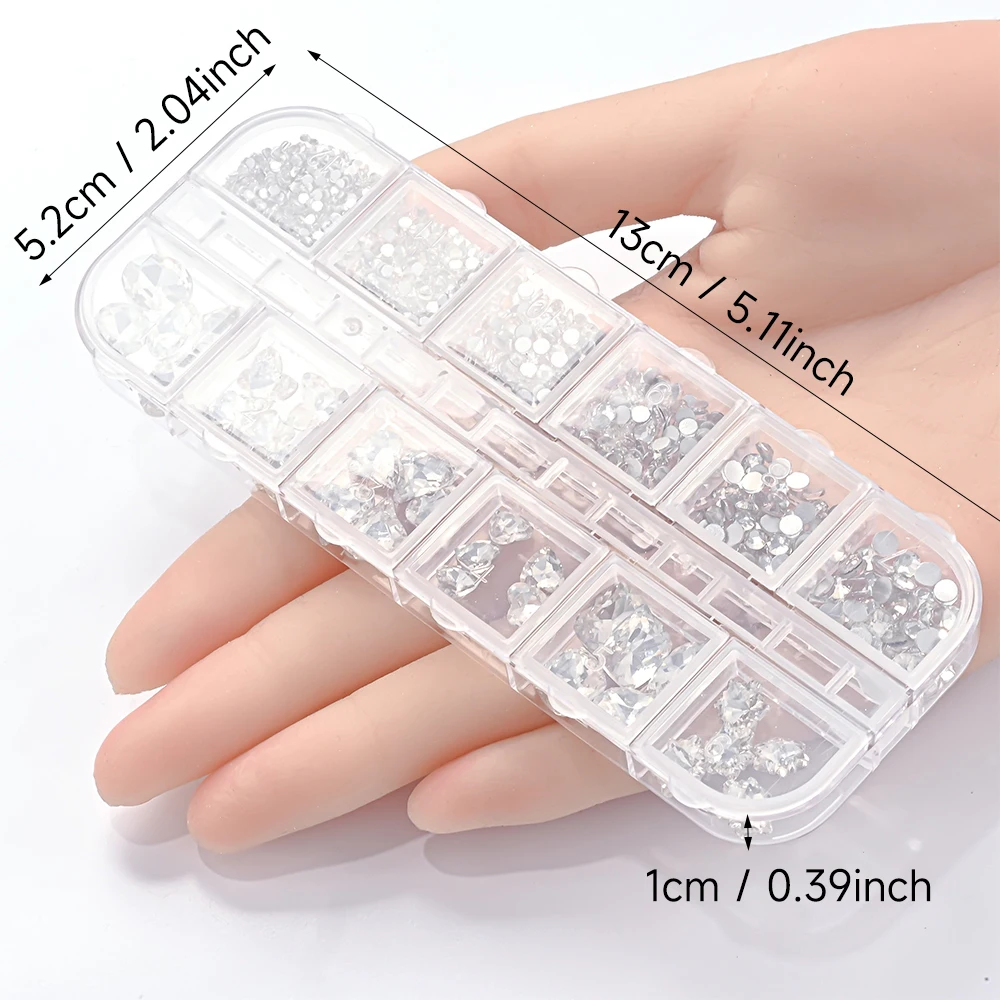 12Grids 3D 멀티 모양 네일 아트 라인스톤 8 색 혼합 라운드, 타원형, 사각형, 하트, 나비 다이아몬드 네일 참 DIY 네일 부품
