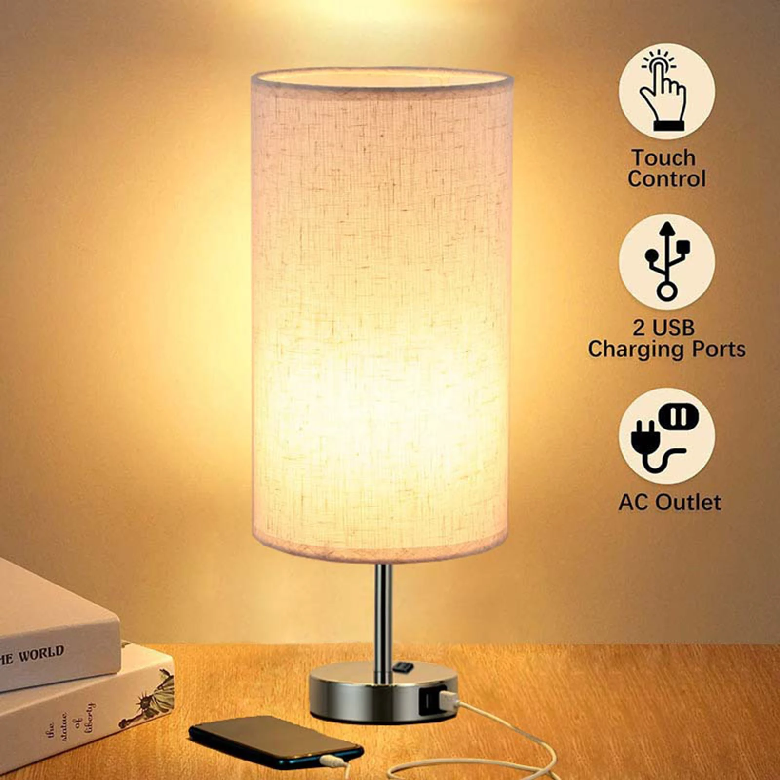 

Warm Light Bedside Lamp USB Powered Nightstand Lamp With 3 Lighting Modes Metal Desk Lamp with Cylinder Linen Lamp Shade