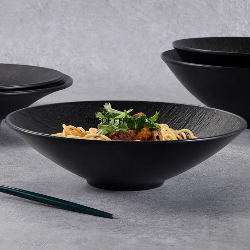 1pc Melamine Noodle Bowl Black Food Grade Plastic Soup Bowl Sauce
