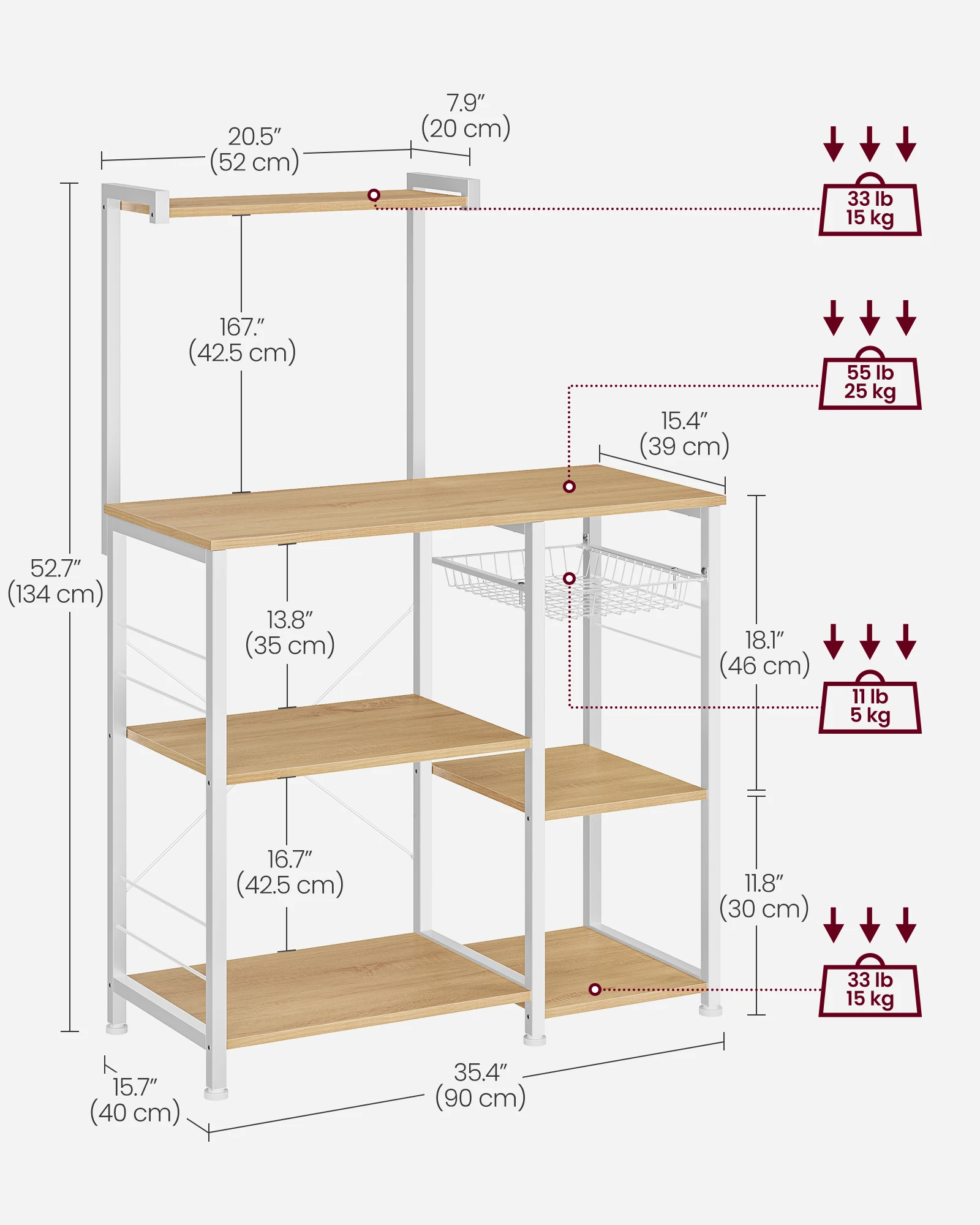 VASAGLE Baker's Rack, Microwave Stand, Kitchen Storage Rack with Wire Basket, 6 Hooks, and Shelves, for Spices, Pots 6