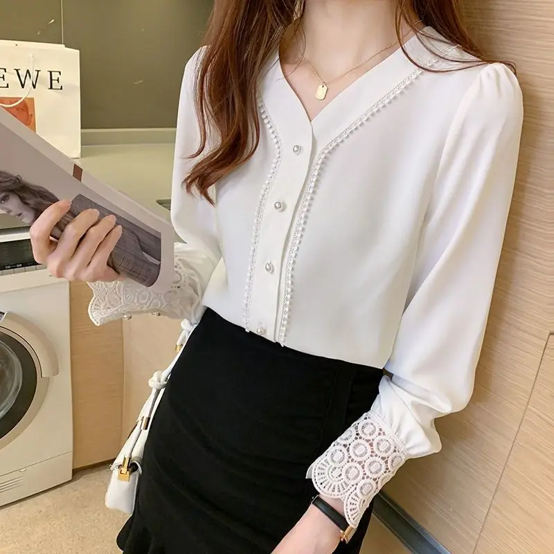Light Ripe Girl White Colour Single Breasted Shirt V-Neck Lace Hollow Out Wristband Chiffon Top French Lantern Sleeve Pearl Thin