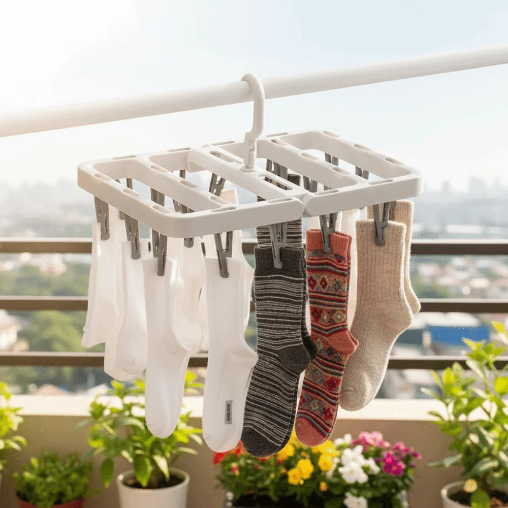 Portable 10/20 Clips Collapsible Clothes Drying Rack Plastic Windproof Sock Drying Clip Space Saving Hanging Drying Rack Clothes