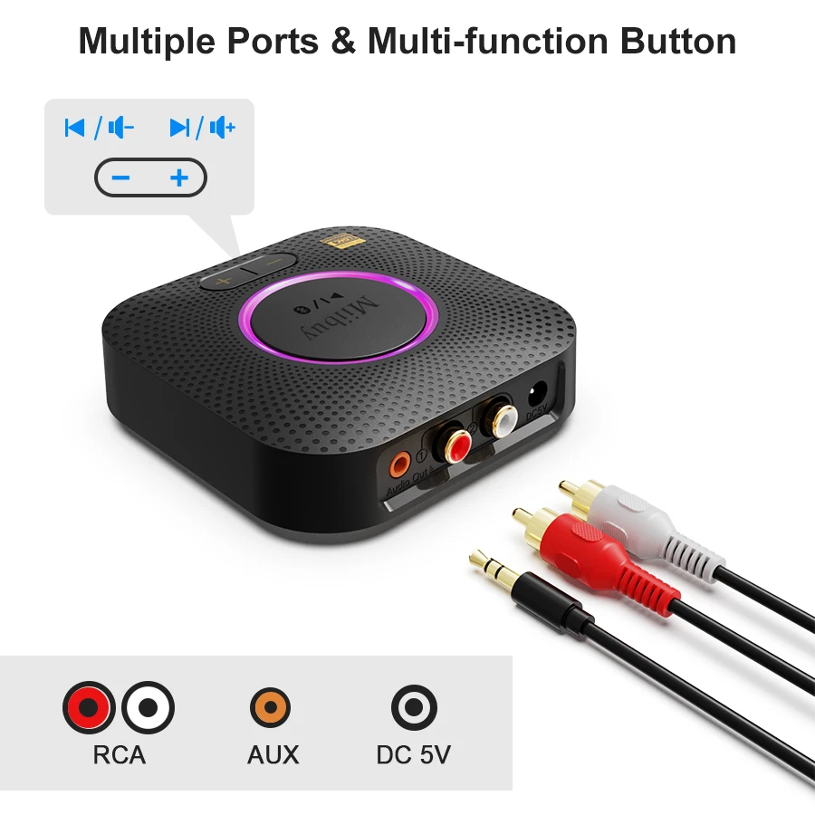 High Pass Bluetooth 5.2 Receiver LDAC Volume SBC,AAC,aptx,aptxLL,aptxHD,,LDAC(up to 990 kbps/LPCM 96kHz/24bit) RCA 3.5mm Audio