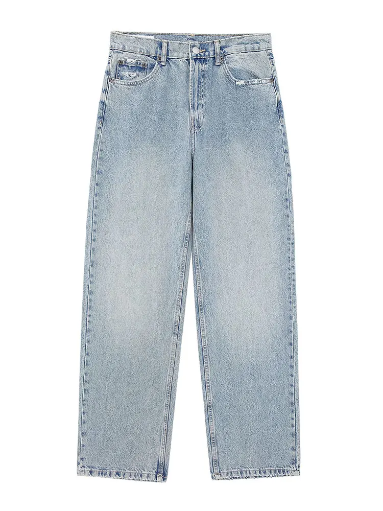 HH Women Fashion Broken Holes Decorated Denim Pant Jeans High Waist Zipper Trousers Vintage High Street Lady Wide leg Jeans