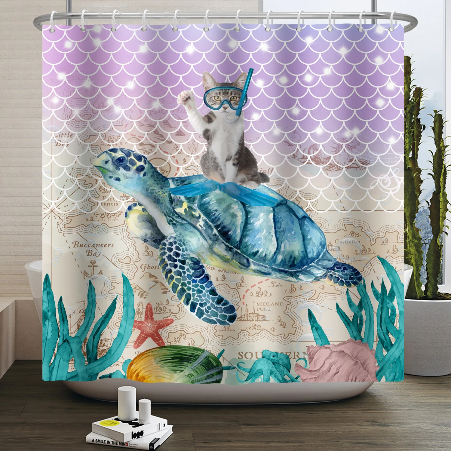

Cute Cat Sea Turtle Shark Shower Curtain Seabed Scene Bathroom Curtain Fabric Shower Curtain Restroom Decor Waterproof With Hook