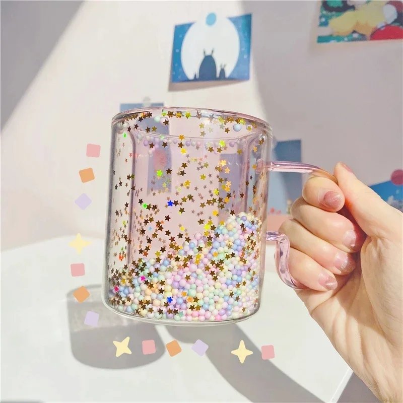 

Korean ins Girl Heart Kawaii Bubble Star Sky Cup Star Sequin Double Wall Glass Coffee Cup Handle Heat Resistant Milk Cup