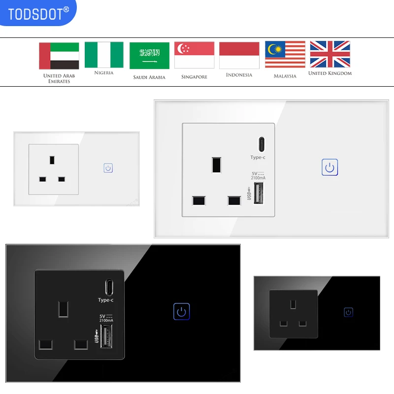 Crystal Glass Frame Smart Touch Switch Uk Socket Combination Usb Type C 5V 2100Ma Caricabatterie Bayer Base Ignifugo Ul94 V-0