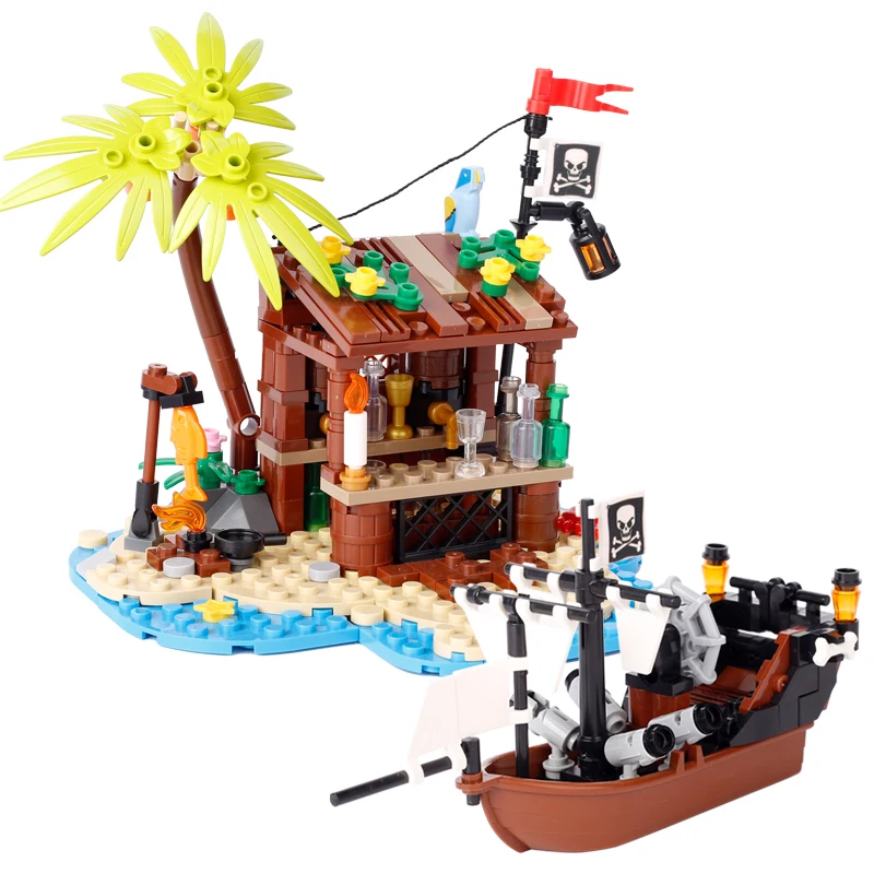 Moc Medievale Pirata Bar Building Blocks Flag House Island Falò Albero Di Cocco Pappagallo Vela Barca Nave Mattoni Giocattolo Regalo Per Bambini