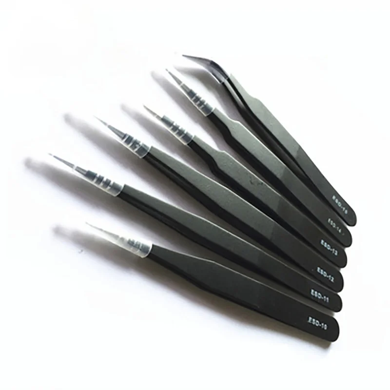 6pcs esd antistatic stainless steel tweezer set maintenance repair tool kit antistatic model making tool hand set esd anti static tweezers