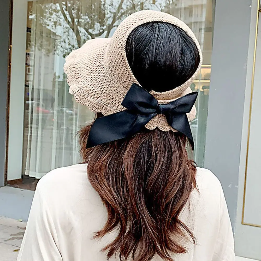 

Summer Wide Large Brim Sun Hat for Women Foldable Straw Hat Outdoor UV Protection Bow-knot Empty Top Visors Cap