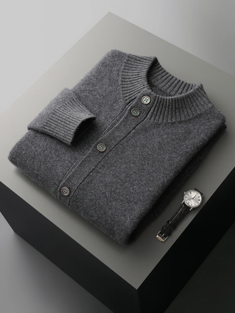 ANGEL Men's 100% Cashmere Sweater Coat Mock Neck Thick Cardigan Buttons Smart Casual Autumn Winter Cashmere Knit Clothing Top 2