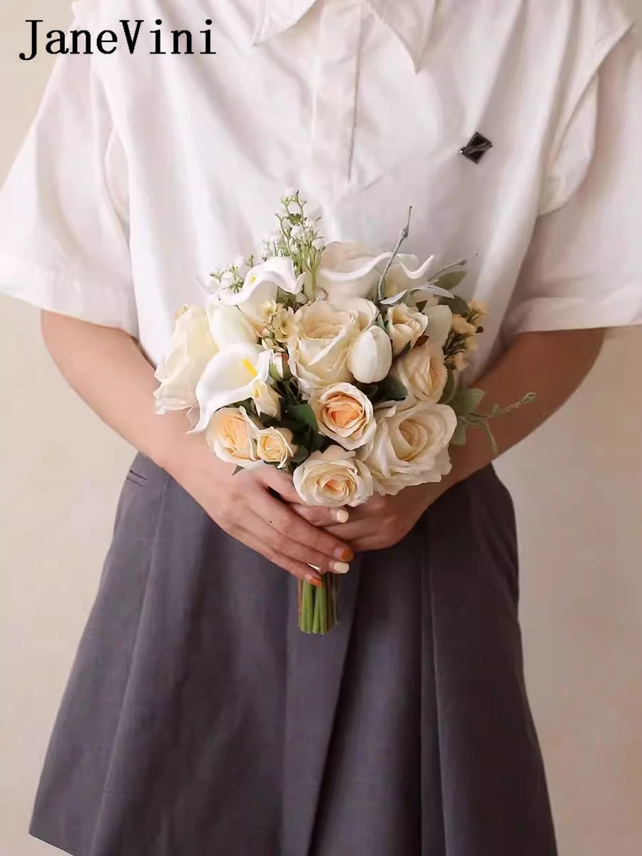JaneVini Champagne Roses Artificial Flower Bouquet for Wedding Real Touch White Calla Lillies Bridal Bouquet Buchete Mireasa