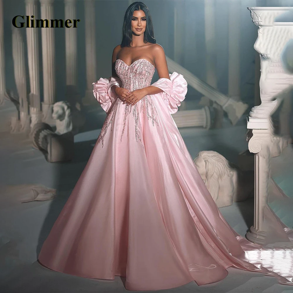 

Glimmer Graceful Sweetheart Evening Dresses A Line Sequines Puff Sleeves Backless Satin Pleat Vestidos De Festa Made To Order