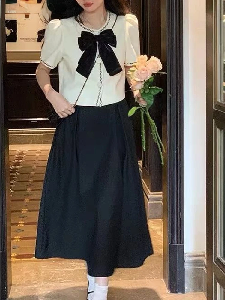

Summer Bow Elegant Two Piece Set Women Puff Sleeve Loose Sweet Midi Skirt Set Female Korean Fashion Temperament Kawaii Suit 2022