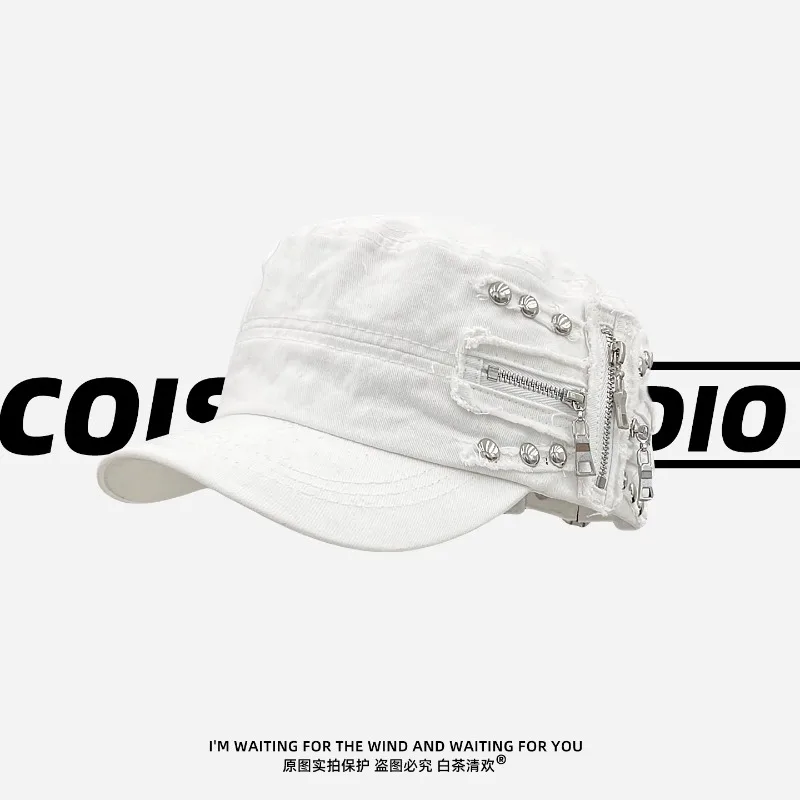 개인화 된 리벳 지퍼 디자인 플랫 탑 야구 모자 Y2K 봄 여름 여행 태양 보호 다목적 레트로 Newsboy Hat 여성