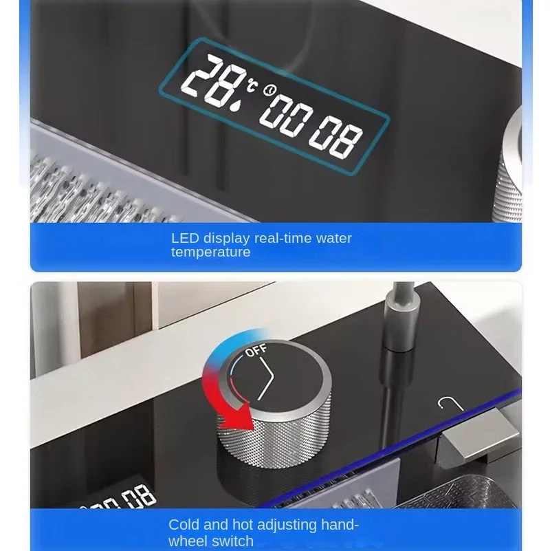 304 Stainless Steel Waterfall Kitchen Sink Large Single Slot Integrated Digital Display Faucet Set Soap Dispenser Cup Washer 4